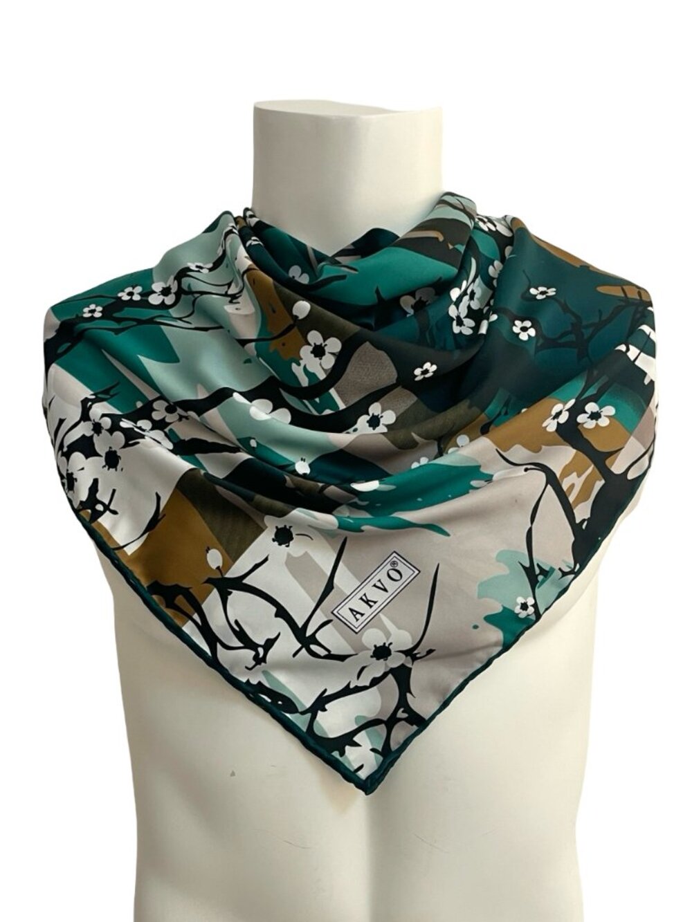 AKVO Floral Abstract Silk Scarf 34” Square Green Teal Hand Rolled Edges